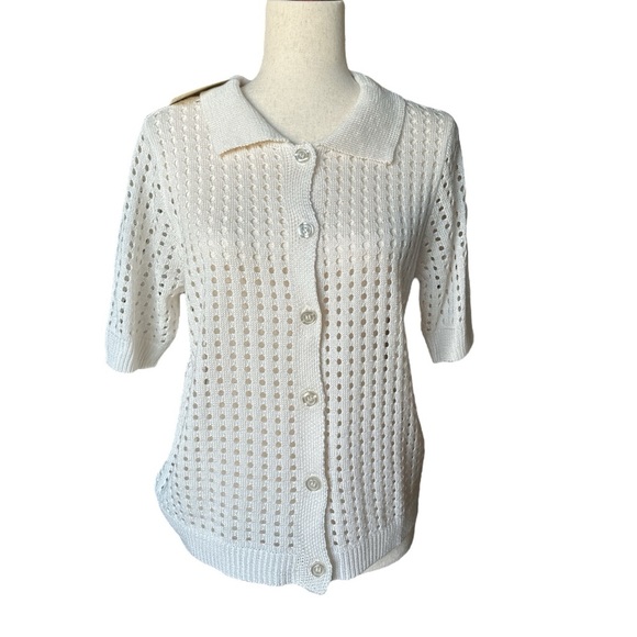 NWT Cream Crochet Knit Mesh Button-Up Short Sleeve Sweater Cardigan Size L - Picture 3 of 9